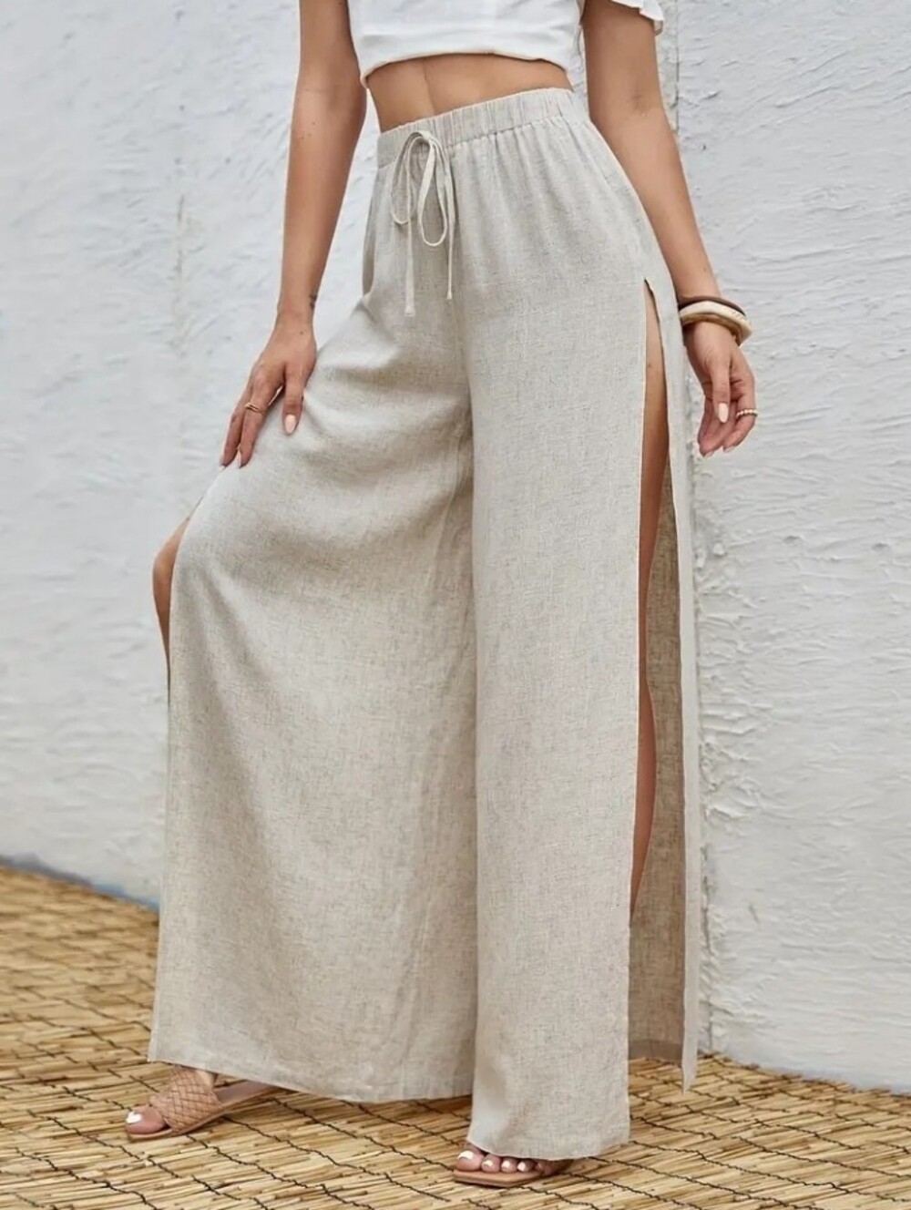 Linen-Blend Wide Leg Split Pants - Beige